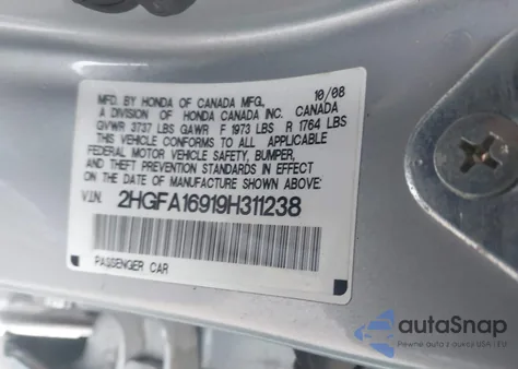 2009 Honda Civic Ex-L z USA, uszkodzony, nr VIN 2HGFA16919H311238